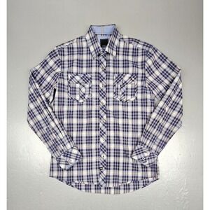 7 DIAMONDS Button Down Shirt Mens Medium Blue Burgundy Plaid Long Sleeve